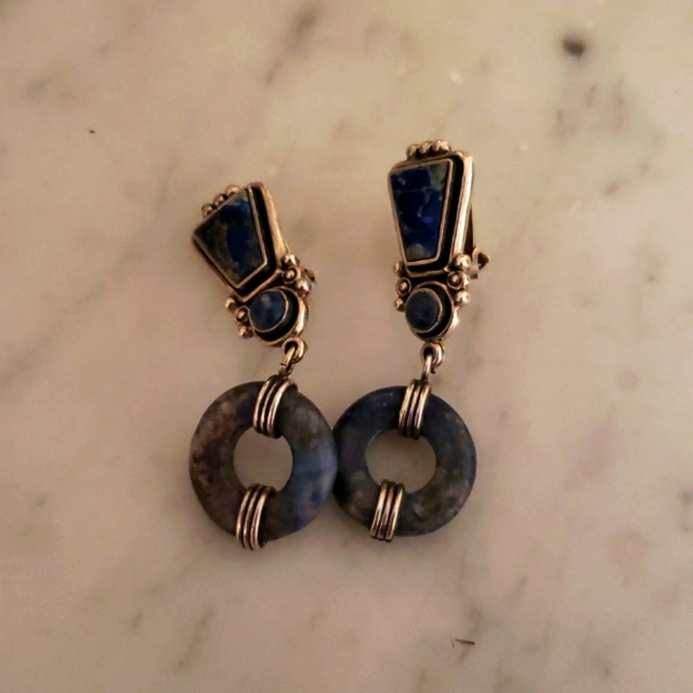 Vintage 1960s Lapis and Sterling Clip Earrings.
